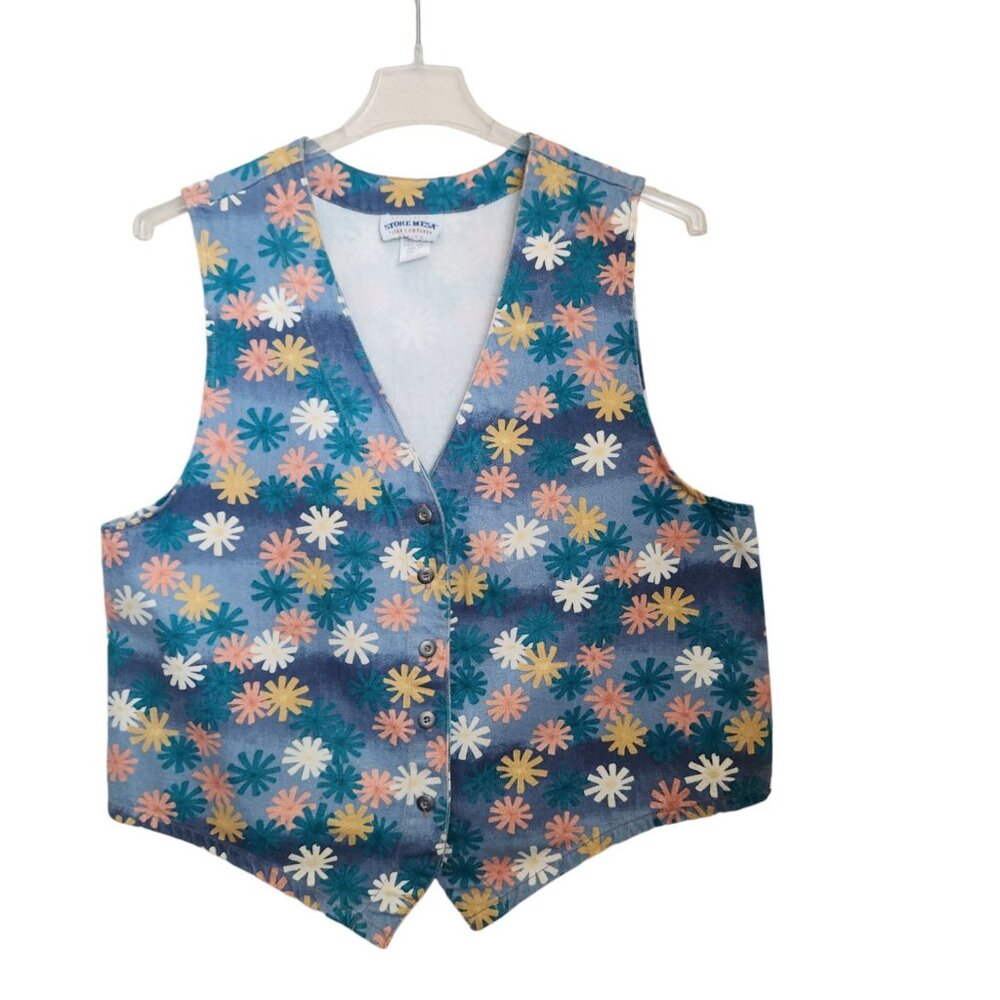 Y2K Vintage Stone Mesa Jean‎ Vest Women’s Large Blue Daisy Floral Denim Made USA